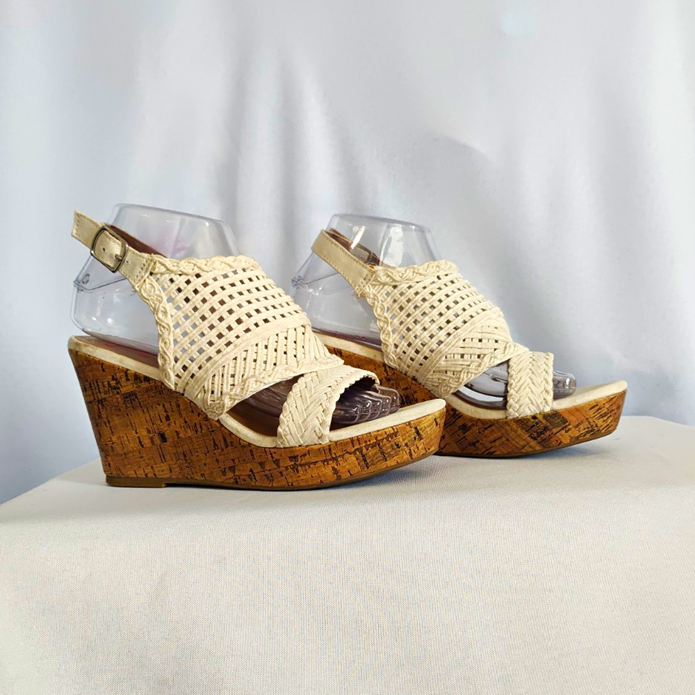 Fergalicious Women’s Woven Canvas Braided Ankle Strap Wedge Sandals Beige 8